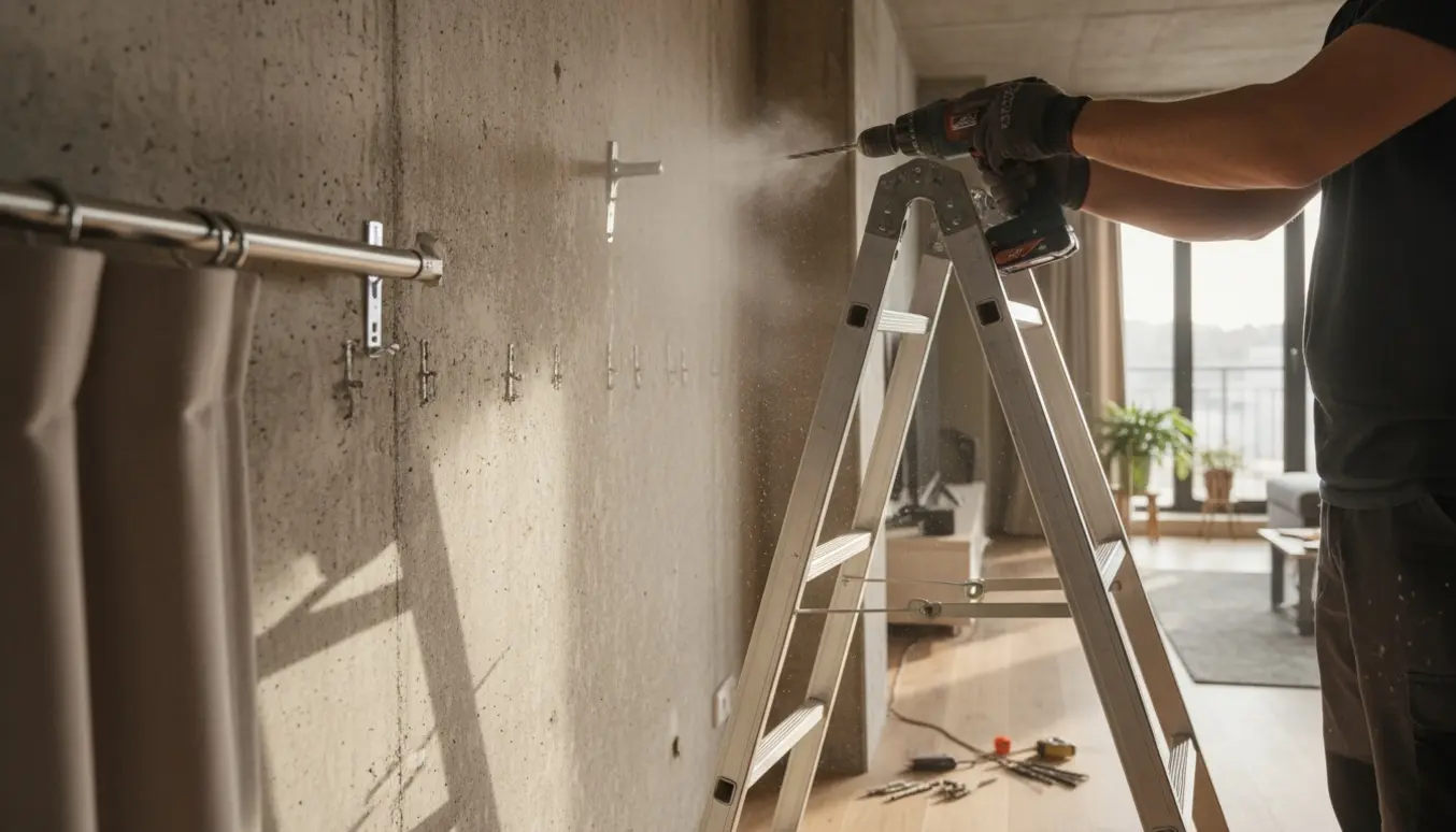 Nærbillede af montering af stofgardin på en betonvæg med stige og slagboremaskine.