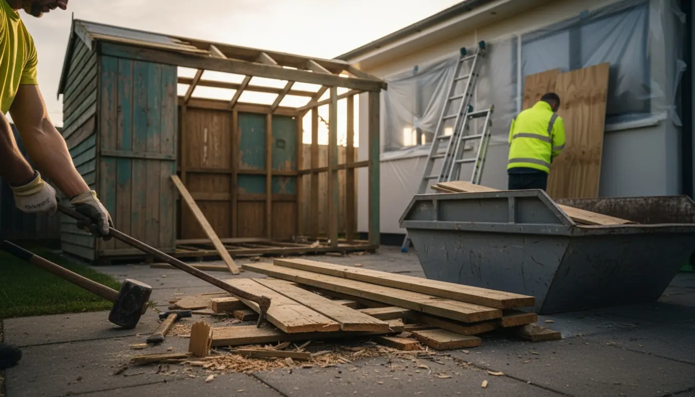 Nedrivning af et træskur ved siden af et hus med værktøj og bunker af træ klar til bortskaffelse.