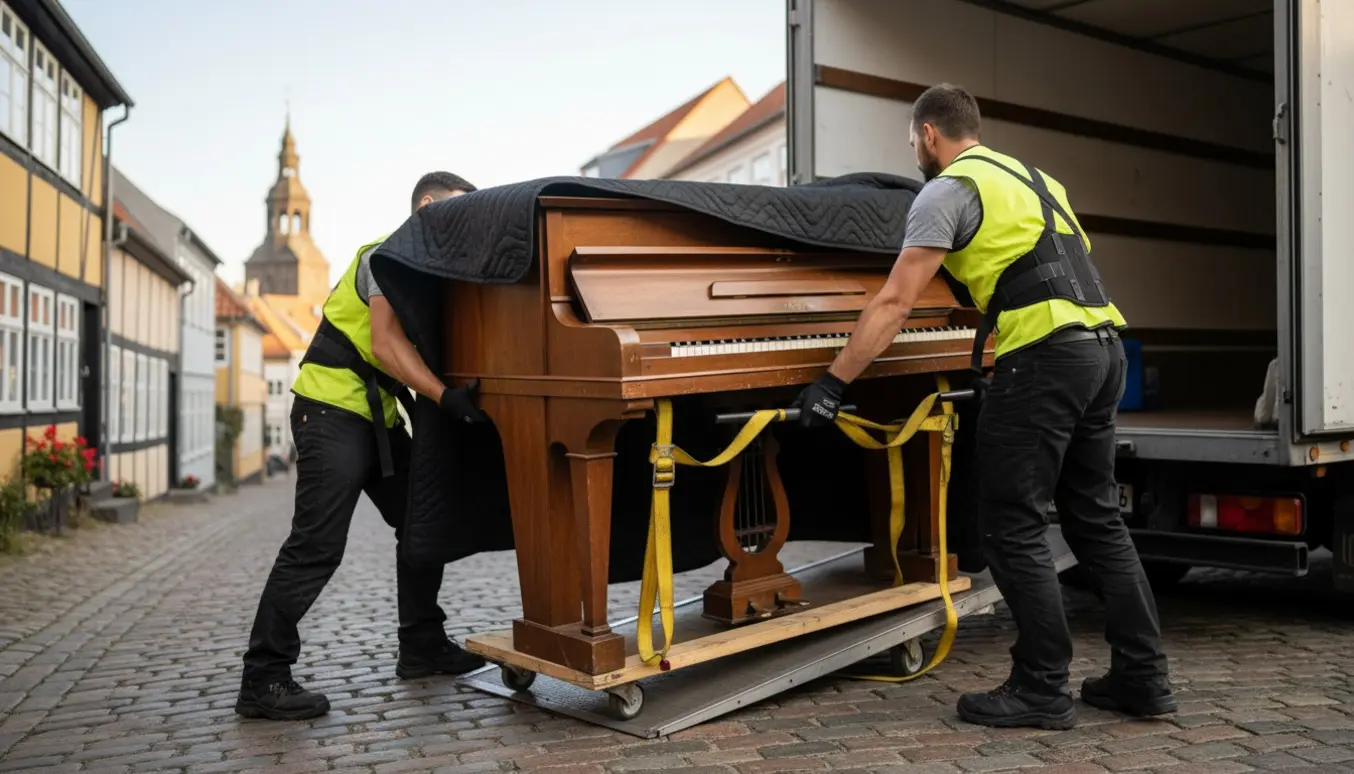 Et tungt antikt klaver bæres i tæpper og stropper op i en flyttevogn på en brostensgade.