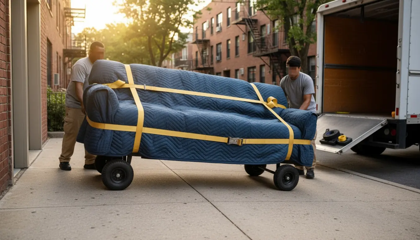 En stor sofa pakket i flyttetæpper og sikret med stropper, bæres af to personer mod en parkeret flyttebil på en rolig, træbevokset gade.
