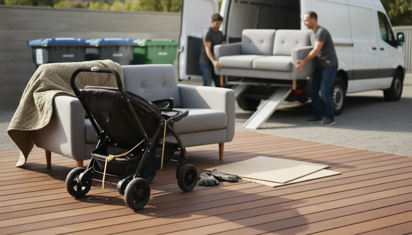 Sofa og sammenklappet tvillingevogn på terrassen ved en varevogn, klar til aflevering på genbrugen.