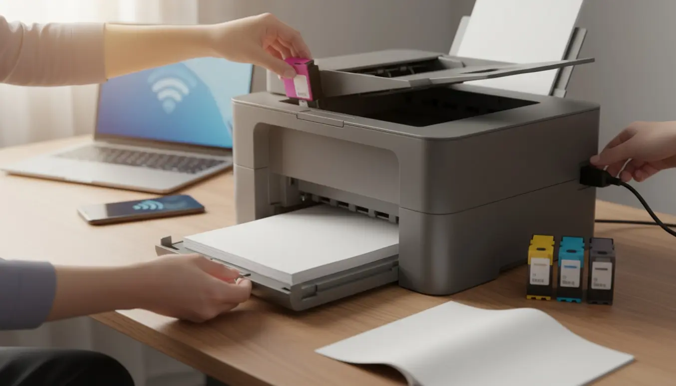 Hænder opsætter en moderne farveprinter på et skrivebord med blækpatroner og papir.