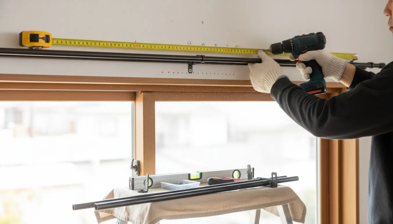 Nærbillede af hænder, der borer huller til to gardinstænger over et vindue med værktøj og beslag ved siden af.