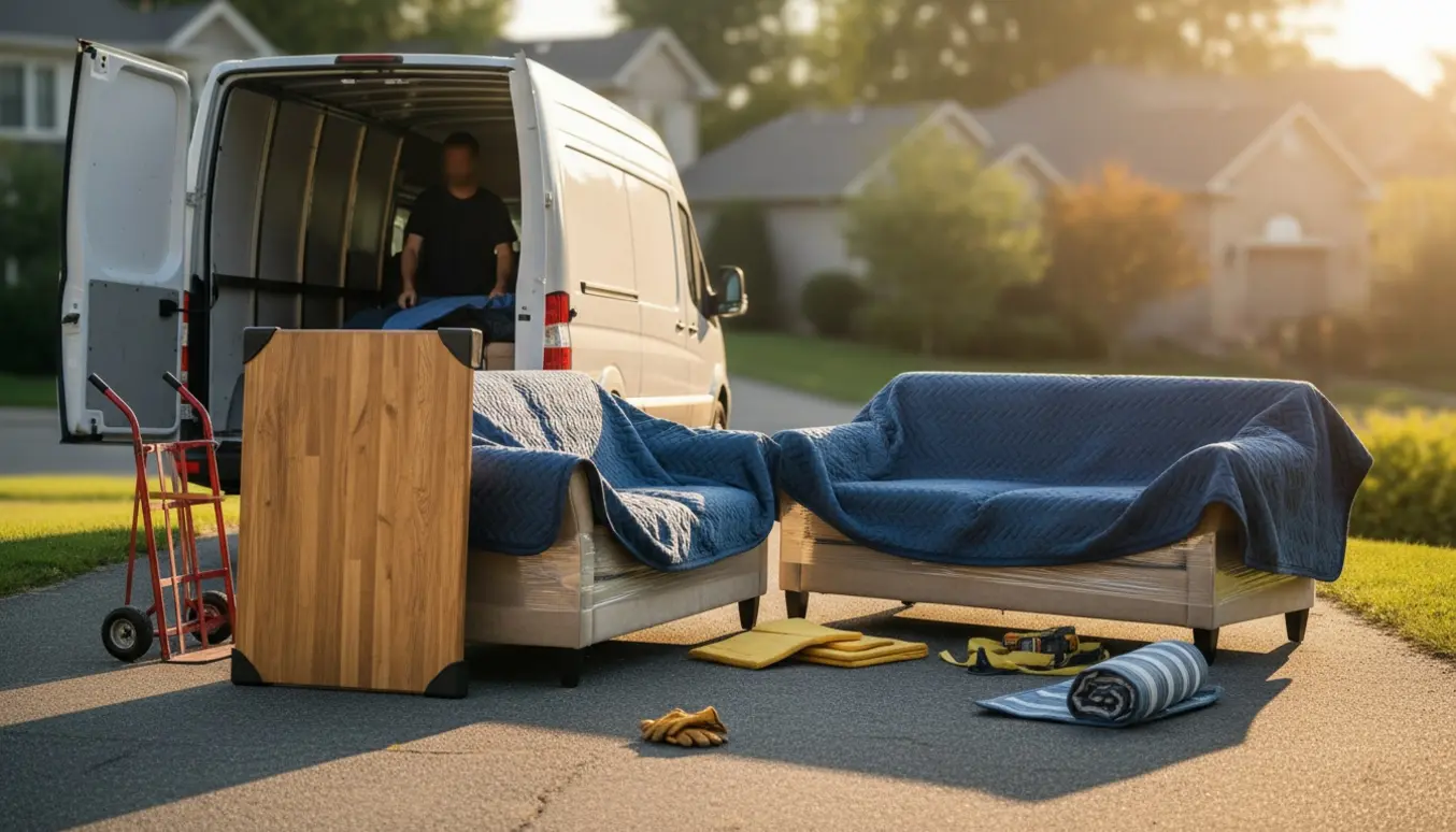 Flyttere læsser en 2-personers og en 3-personers sofa samt et spisebord ind i en varevogn på en indkørsel.