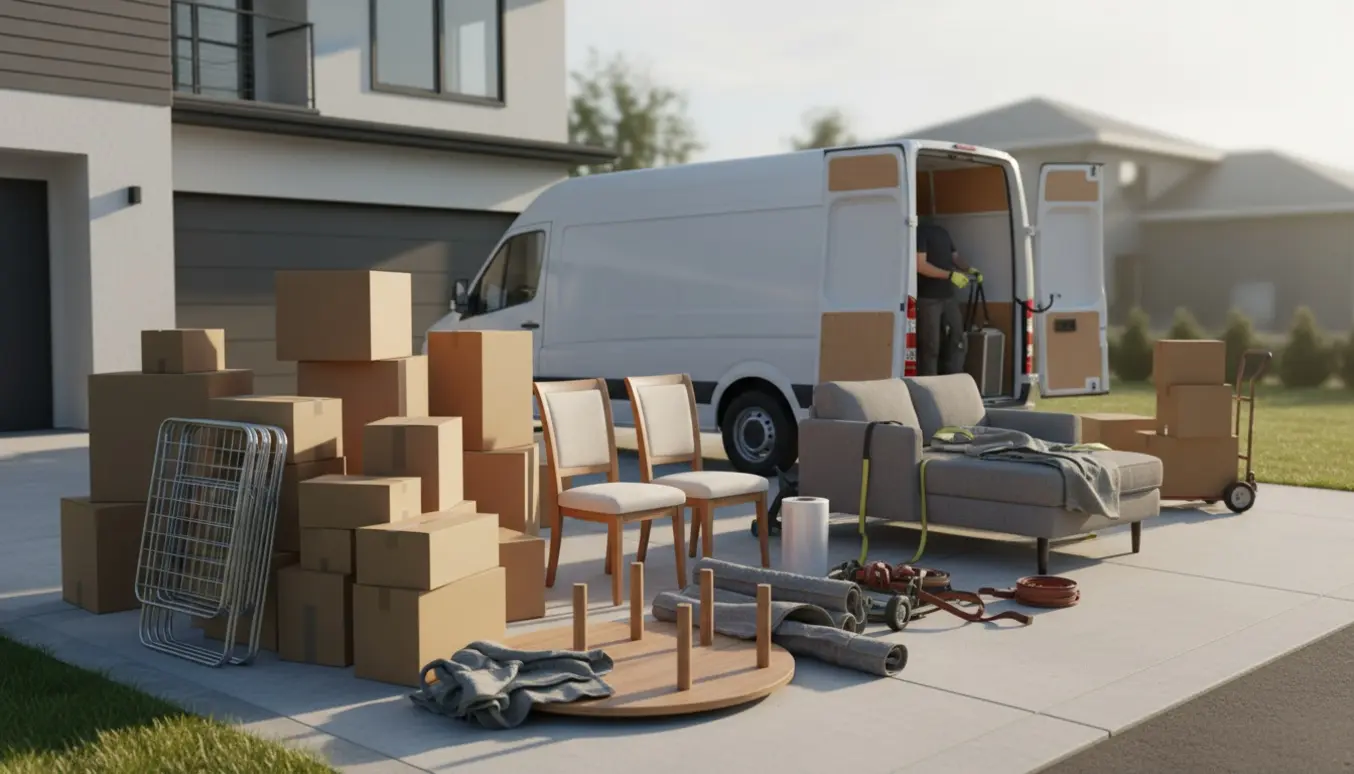 Flytteopgave med stablede flyttekasser, afmonterede bordben, stole og en sofa klar til at blive læsset i en flyttebil.