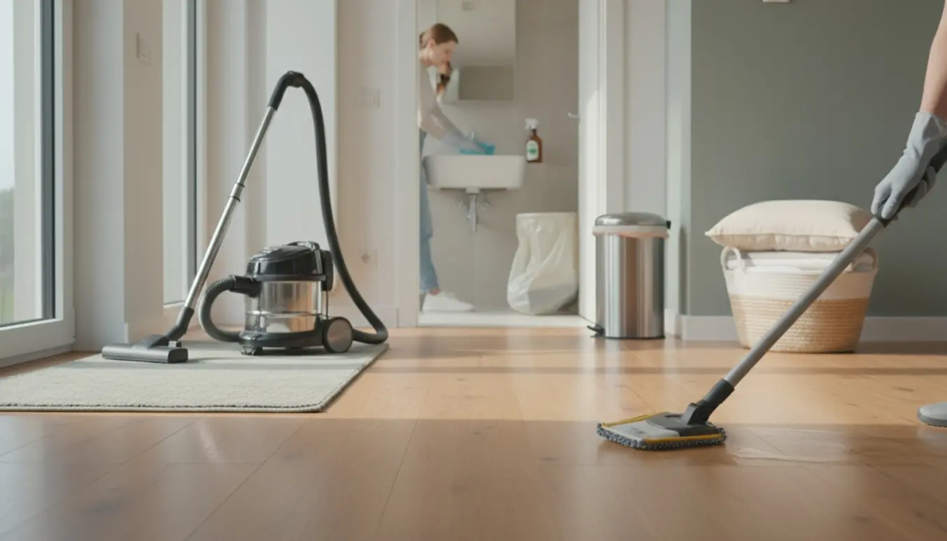 Rengøring i et lyst hjem: mopping af trægulv, støvsuger og andre rengøringsredskaber i brug.