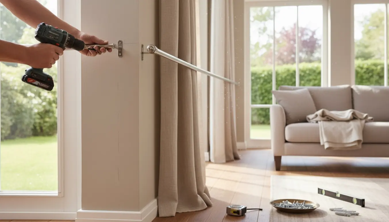 Hænder monterer gardinstang over to vinduer i en lys stue med værktøj og gardiner klar.