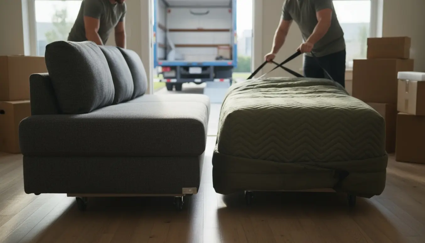 Hjørnesofa delt i to, båret gennem en døråbning med flyttetæpper og en møbeldolly.