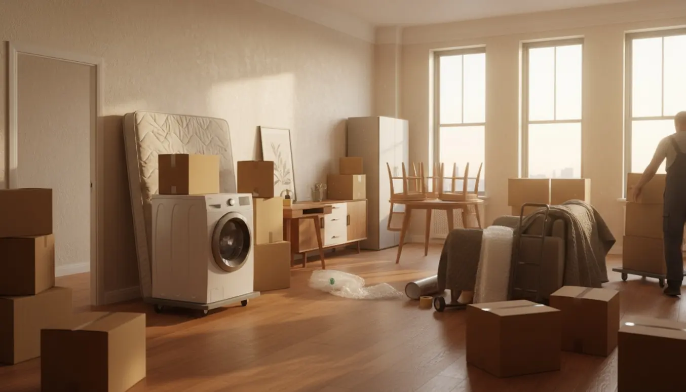 Soloplyst lejlighedsstue med omkring 25 flyttekasser, vaskemaskine, møbler og flytteudstyr klar til flytning.