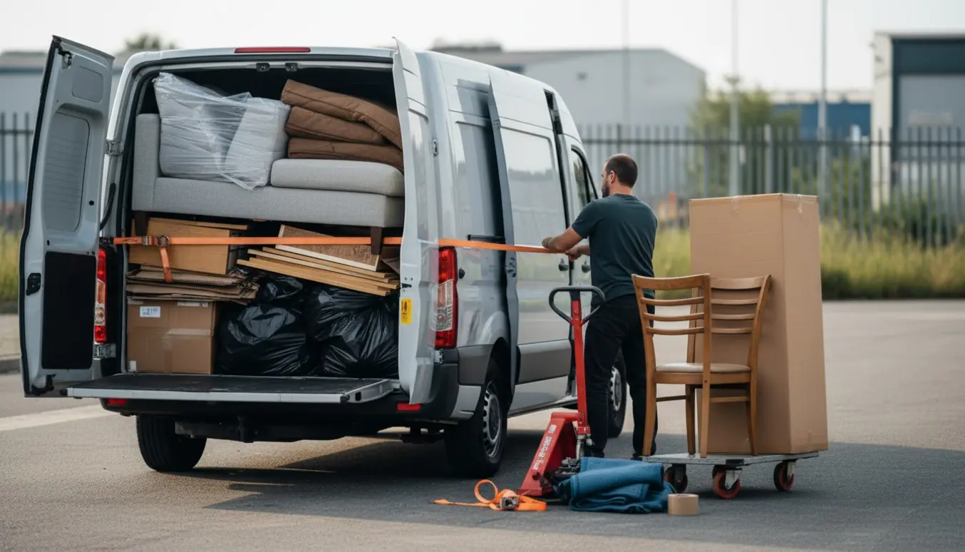 Lastbil læsset med adskilt hjørnesofa, pap i sække og spisebordsstole ved en genbrugsplads.