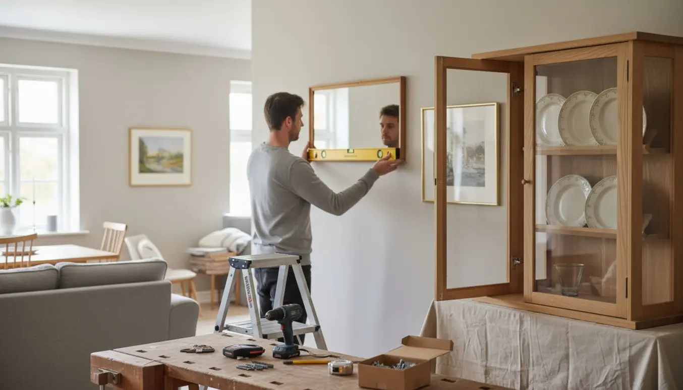 Person på stige justerer et spejl og placerer tallerkener i et vitrineskab i et lyst rum.