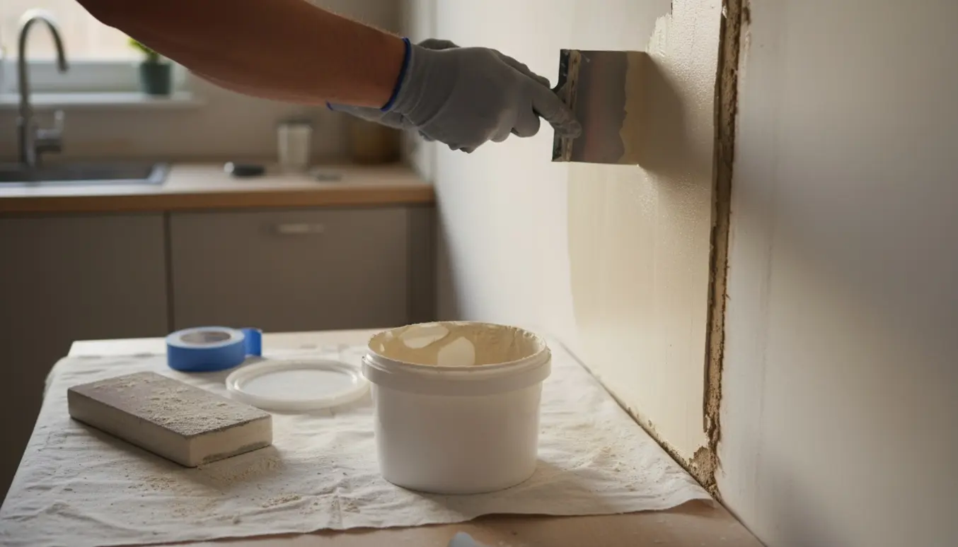 Hænder spartler revne i køkkenvæg efter indfræsning af el med spartel og afdækningsdug.