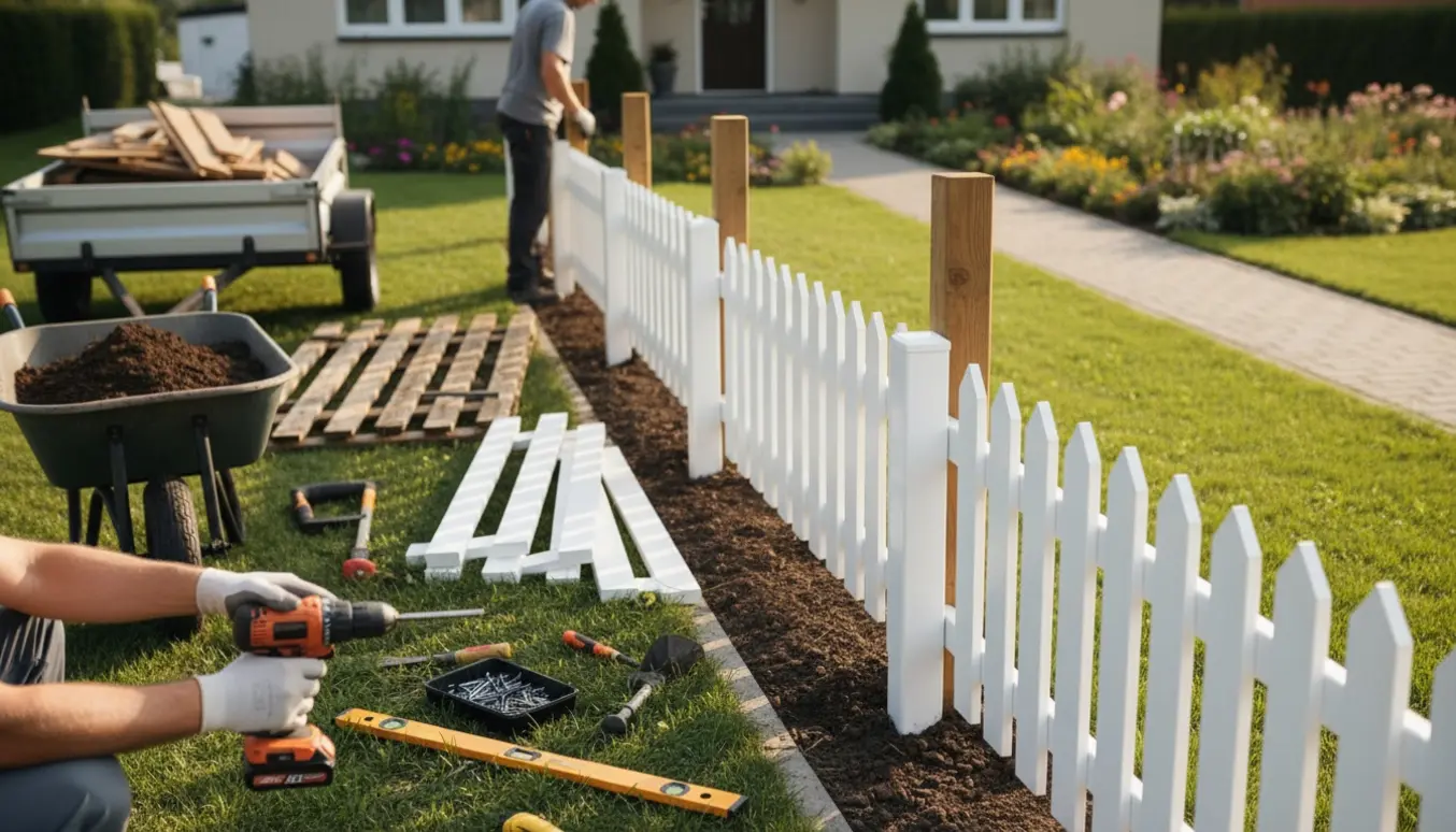 Opsætning af hvidt lavt forhavehegn med nye paneler, værktøj og fjernet gammelt hegn på en solrig sensommerdag.