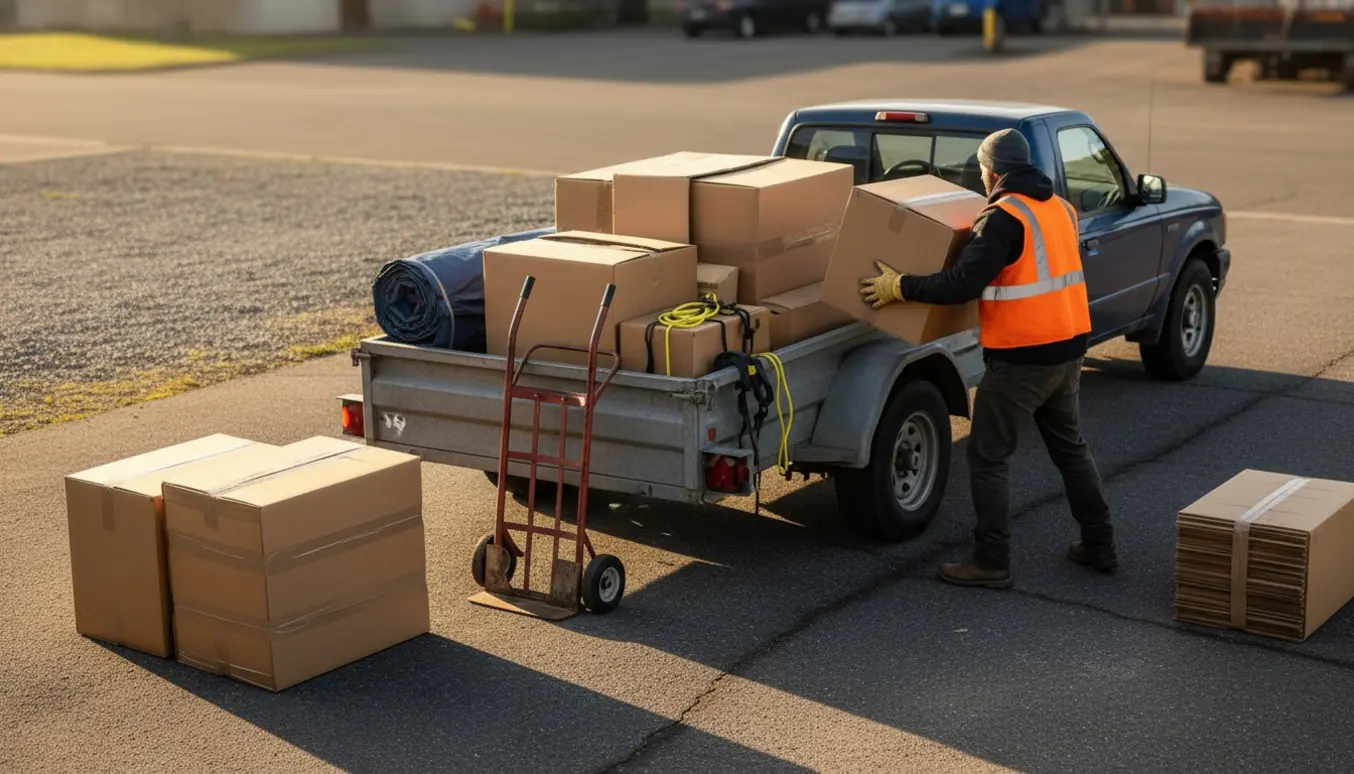 Trailer halvt fyldt med papkasser tidligt om morgenen, en person læsser kasser med ryggen til.