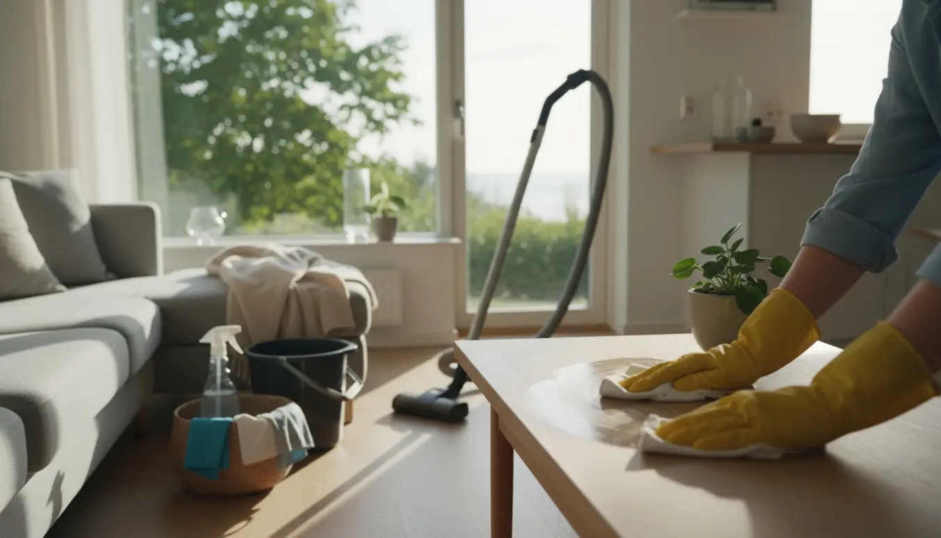 Person pudser et træbord i en lys, skandinavisk stue i Risskov med rengøringsudstyr i baggrunden.