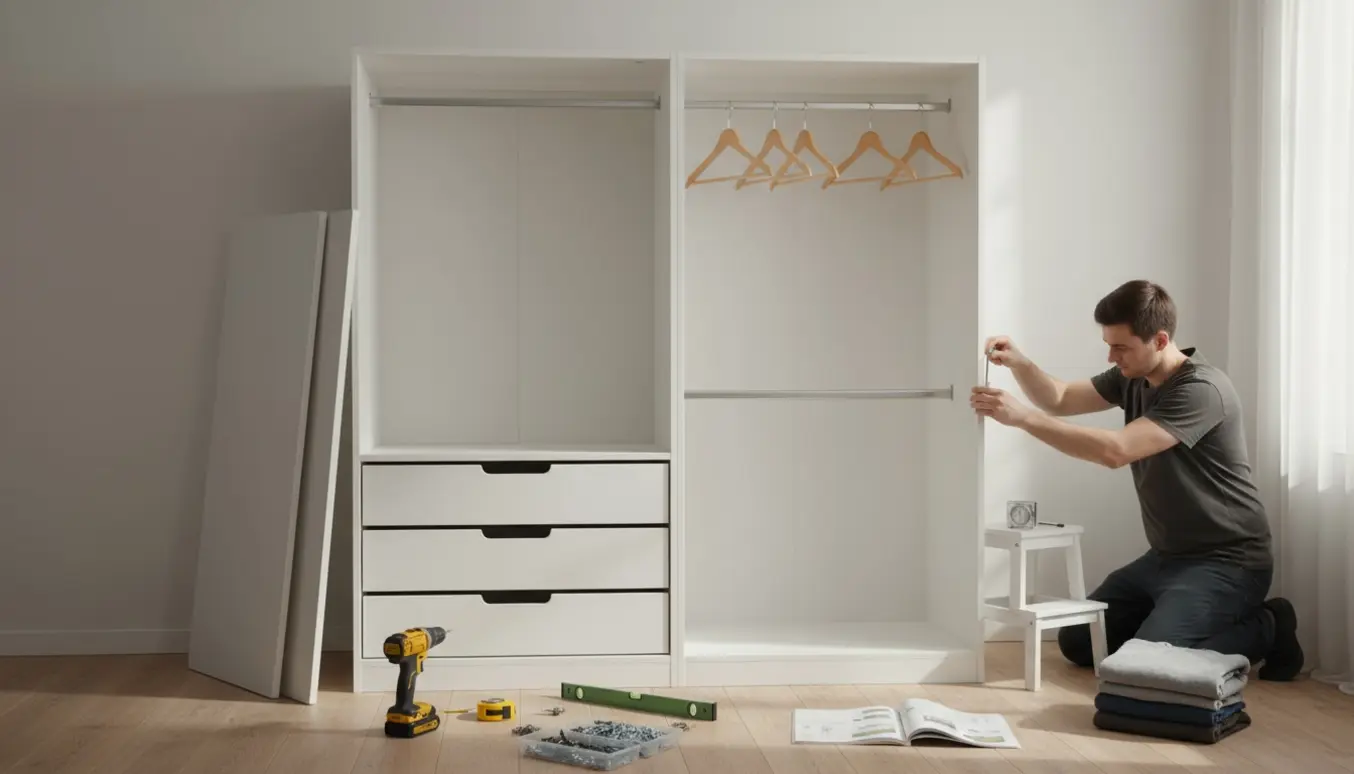 Delvist samlet PAX-garderobe i et lyst soveværelse med værktøj og hænder, der monterer en låge.