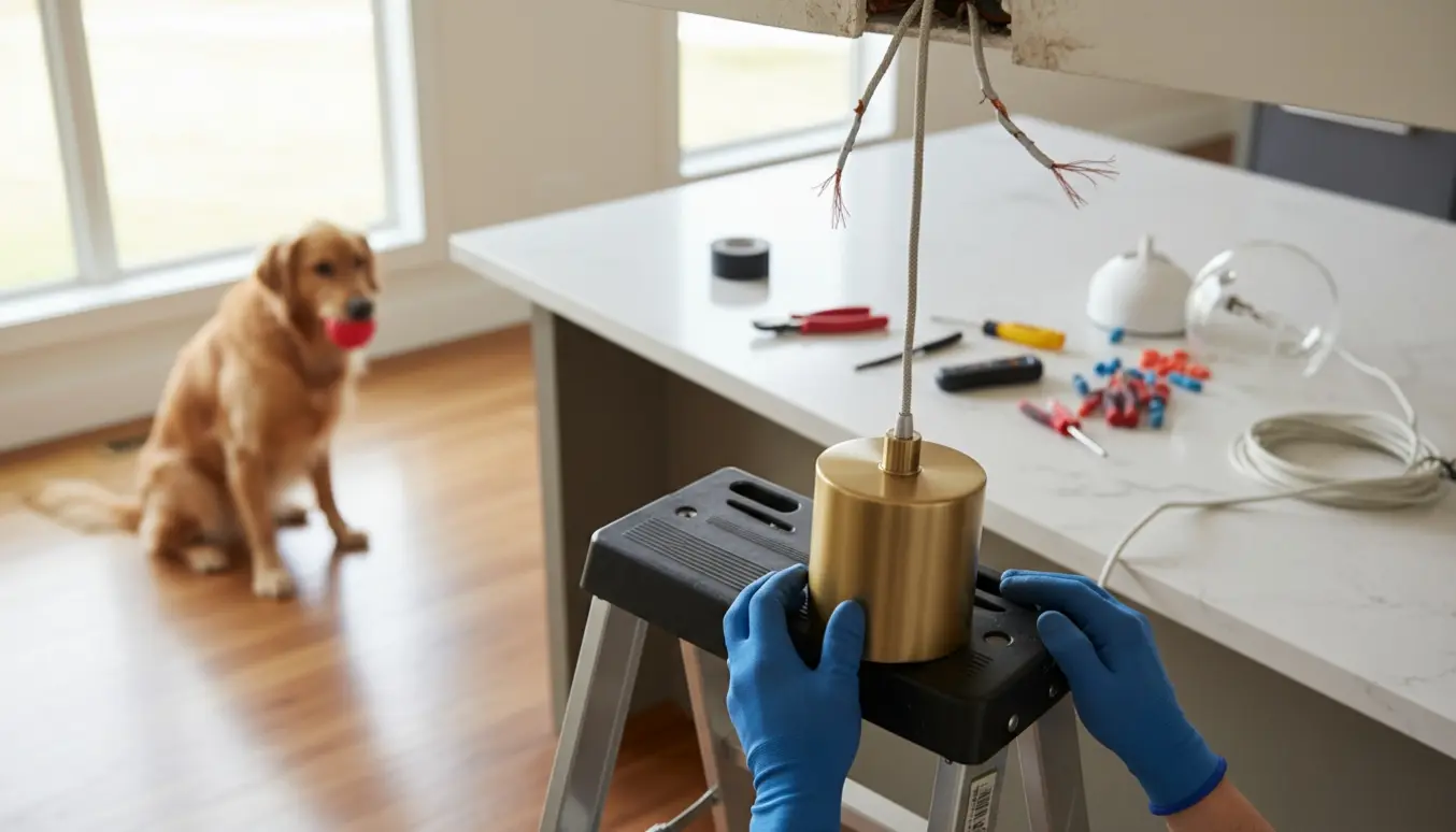 Ny køkkenpendel monteres over en stige med ødelagte ledninger og lampe-dele på bordet, hund set bagfra.