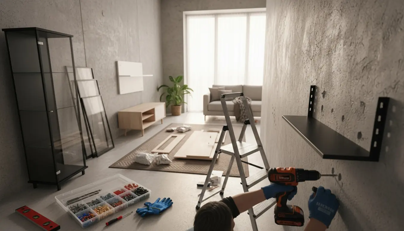 Delvist samlet vitrineskab, TV-bænk og værktøj foran en betonvæg klar til ophængning af hylder.