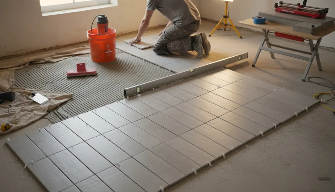 Halvfærdig flisebelægning i en kælder med værktøj og arbejdshænder uden synligt ansigt.