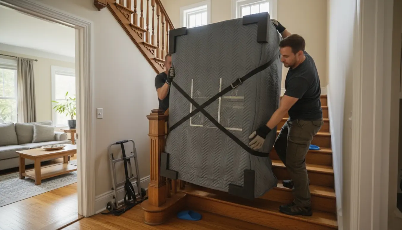 Et polstret vitrineskab bliver forsigtigt båret op ad en smal trappe i et rækkehus.