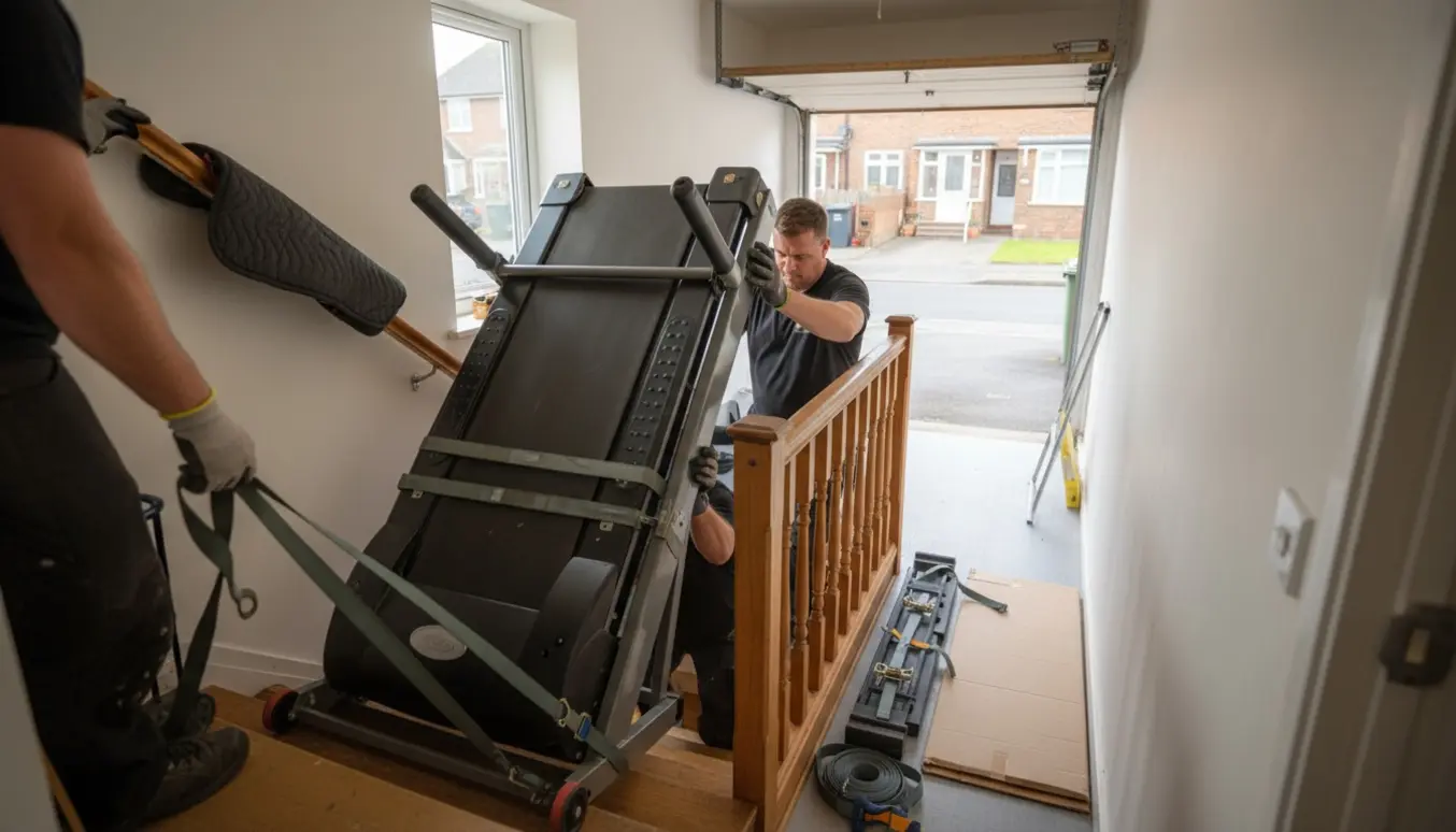 Tung løbebåndsdel bæres ned ad en smal trappe mod en åben garage med flytteudstyr.
