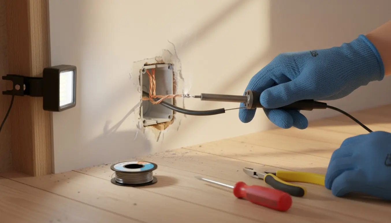 Nærbillede af hænder i handsker, der lodder en kobberledning inde i en udfræset væg, med værktøj og blødt dagslys.