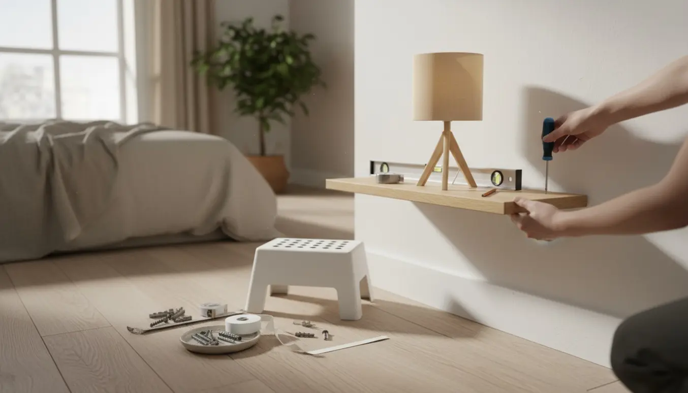 Nærbillede af hænder, der opsætter en lille væghylde og flytter en bordlampe uden boremaskine.