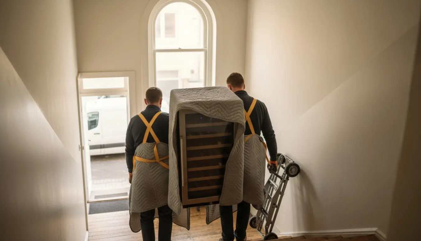 To flyttemænd bærer et vinkøleskab op ad en trappe i en lejlighedsopgang uden elevator.