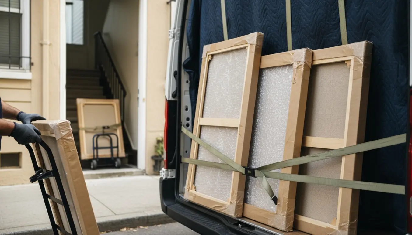 Åben varevogn med indpakkede malerier og flytteudstyr ved indgang til lejlighed, ingen ansigter synlige.