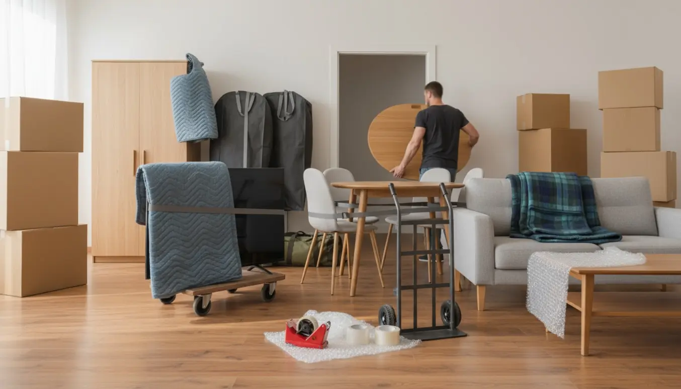 Lys stue under flytning med stabler af flyttekasser, indpakkede møbler og et TV på en flyttedolly.
