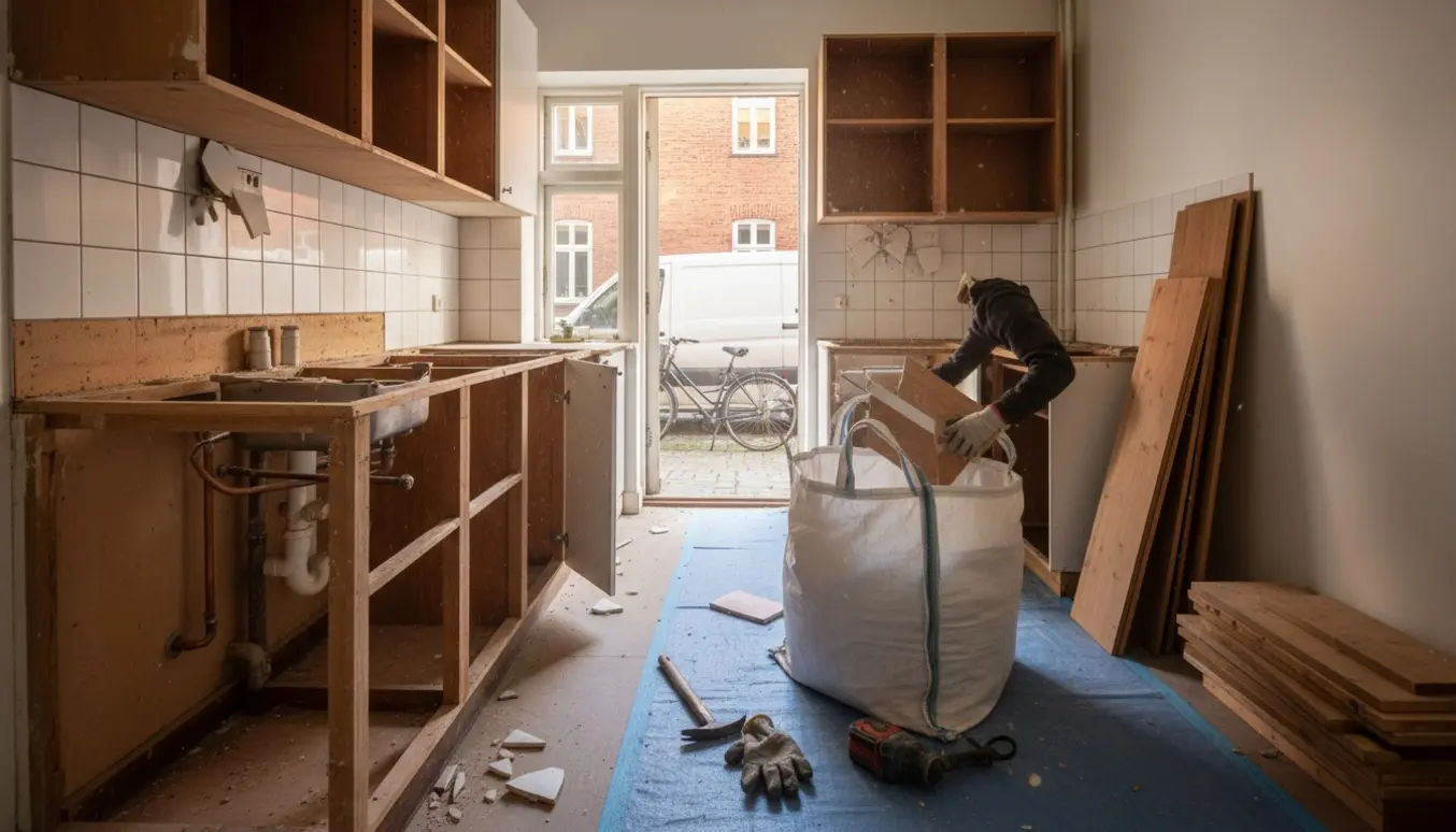 Et lille københavnsk køkken under nedrivning med materialer samlet klar til bortkørsel.