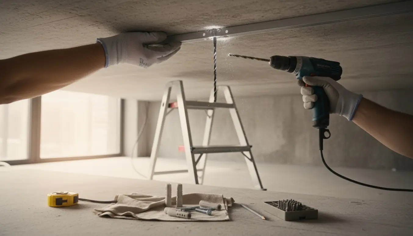 Nærbillede af hænder, der borer i et betonloft for at montere en lampeskinne, med rawlplugs, skruer og trappestige synlige.