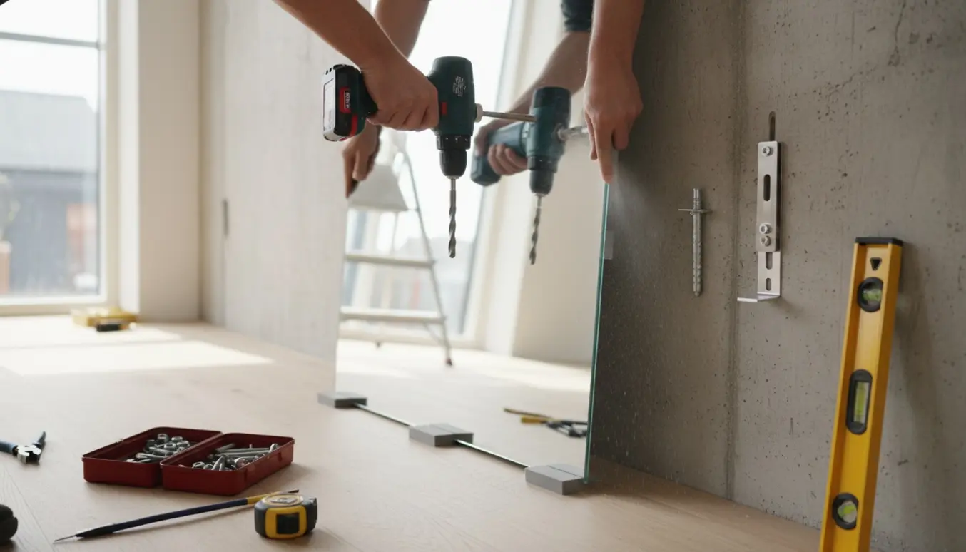 Store hænder monterer et stort spejl på en rå betonvæg i en lys skandinavisk lejlighed.