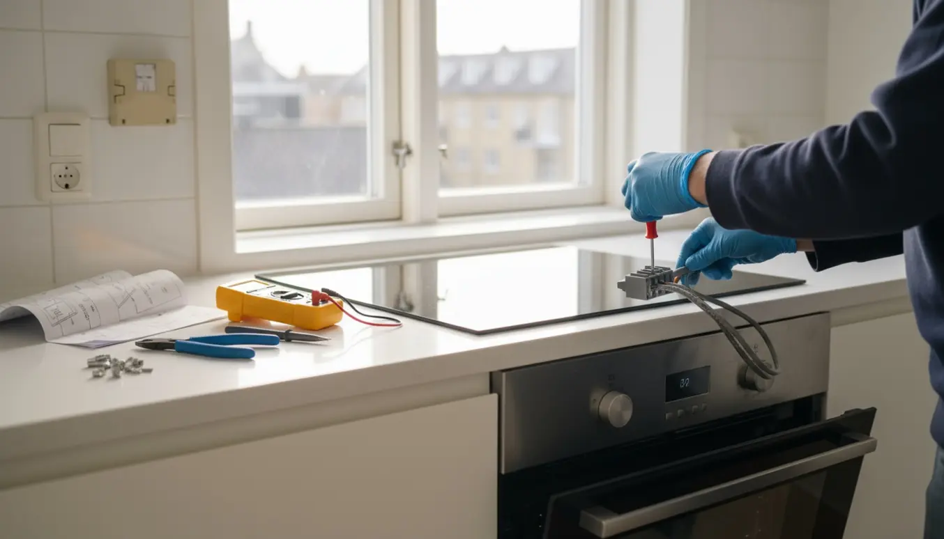 Hænder forbinder en el-ovn under et gaskomfur i et lyst Østerbro-køkken.