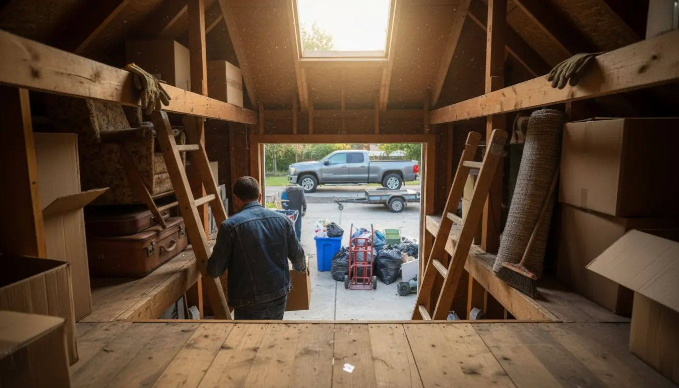 Åbent loft og skur med personer set bagfra, der bærer kasser og læsser en varevogn til bortskaffelse.