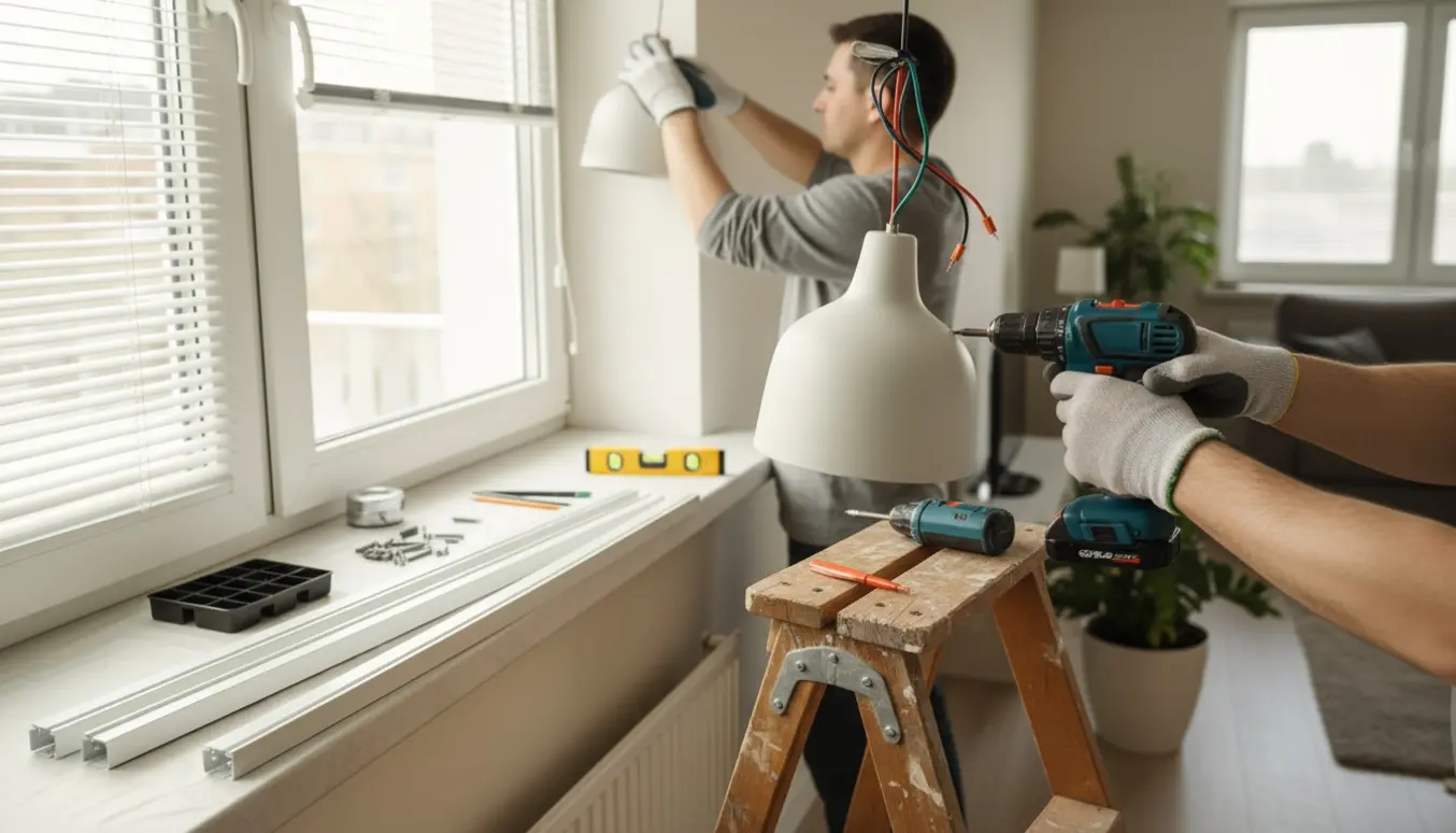 Håndværker hænger tre persienner op ved et vindue og monterer en loftslampe, kun hænder og værktøj synlige.