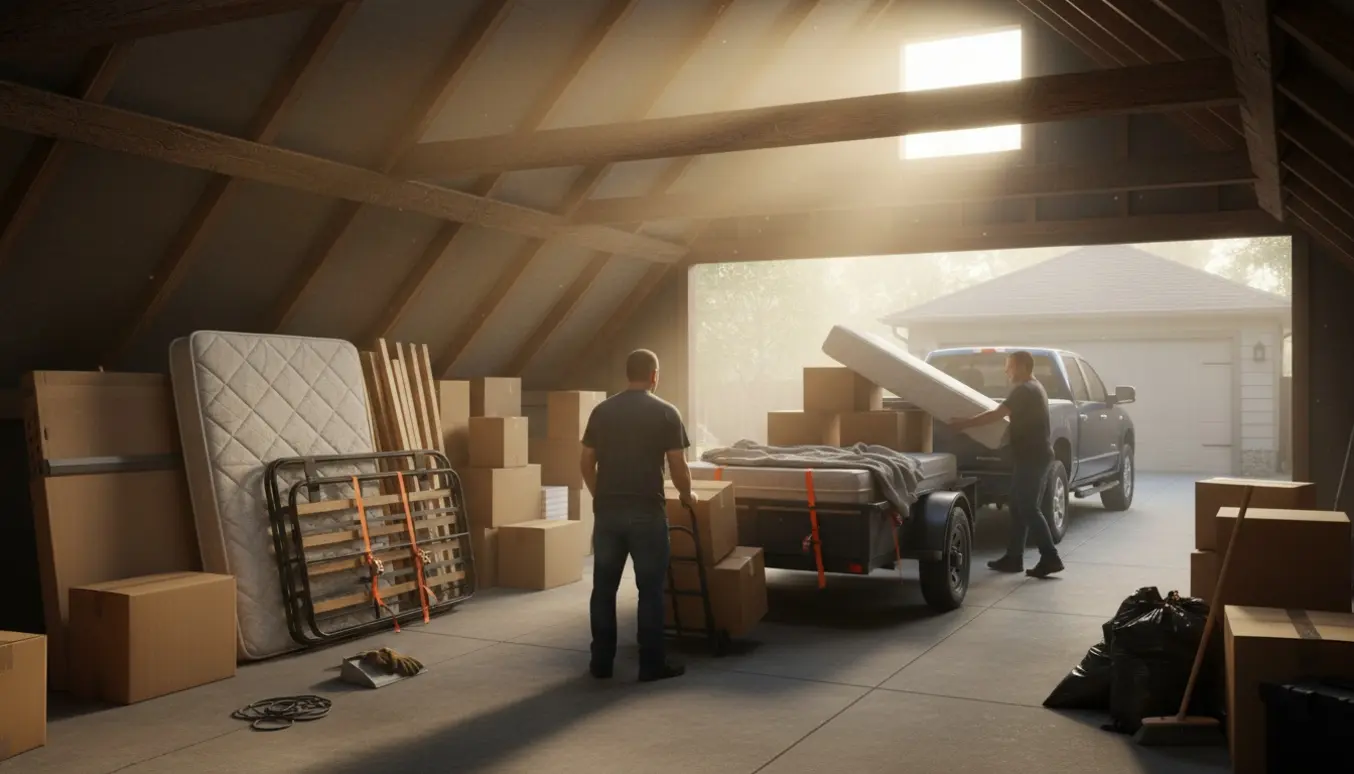 To arbejdere læsser en madras, kasser og en nedtaget seng på en trailer foran et hus.