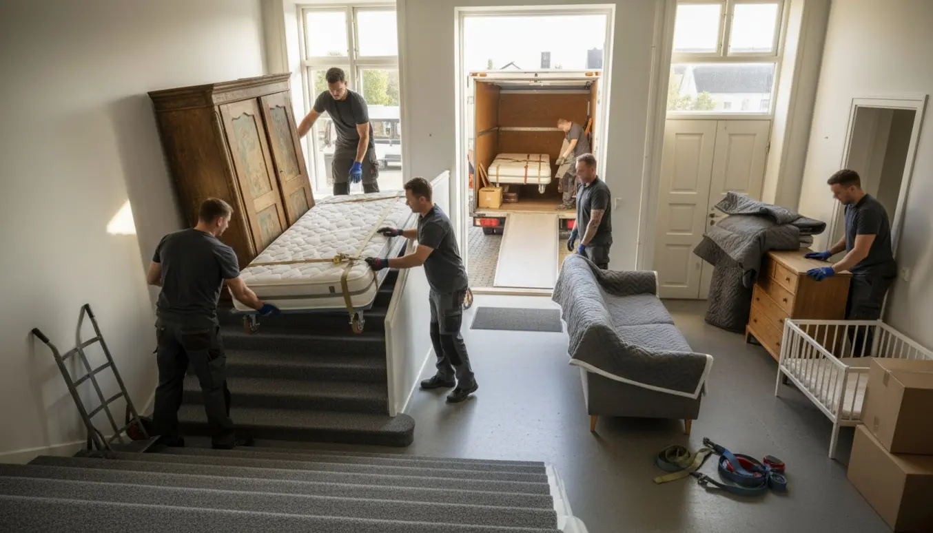 Flyttefolk bærer tungt møblement og bruger flyttetæpper og tralle i en lys opgang.