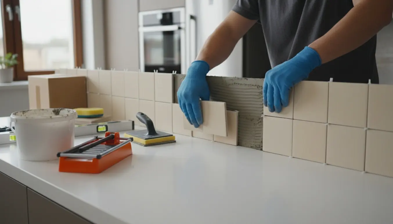 Nærbillede af installation af små keramiske fliser som køkkenbagplade over bordpladen med værktøj og hænder i arbejde.