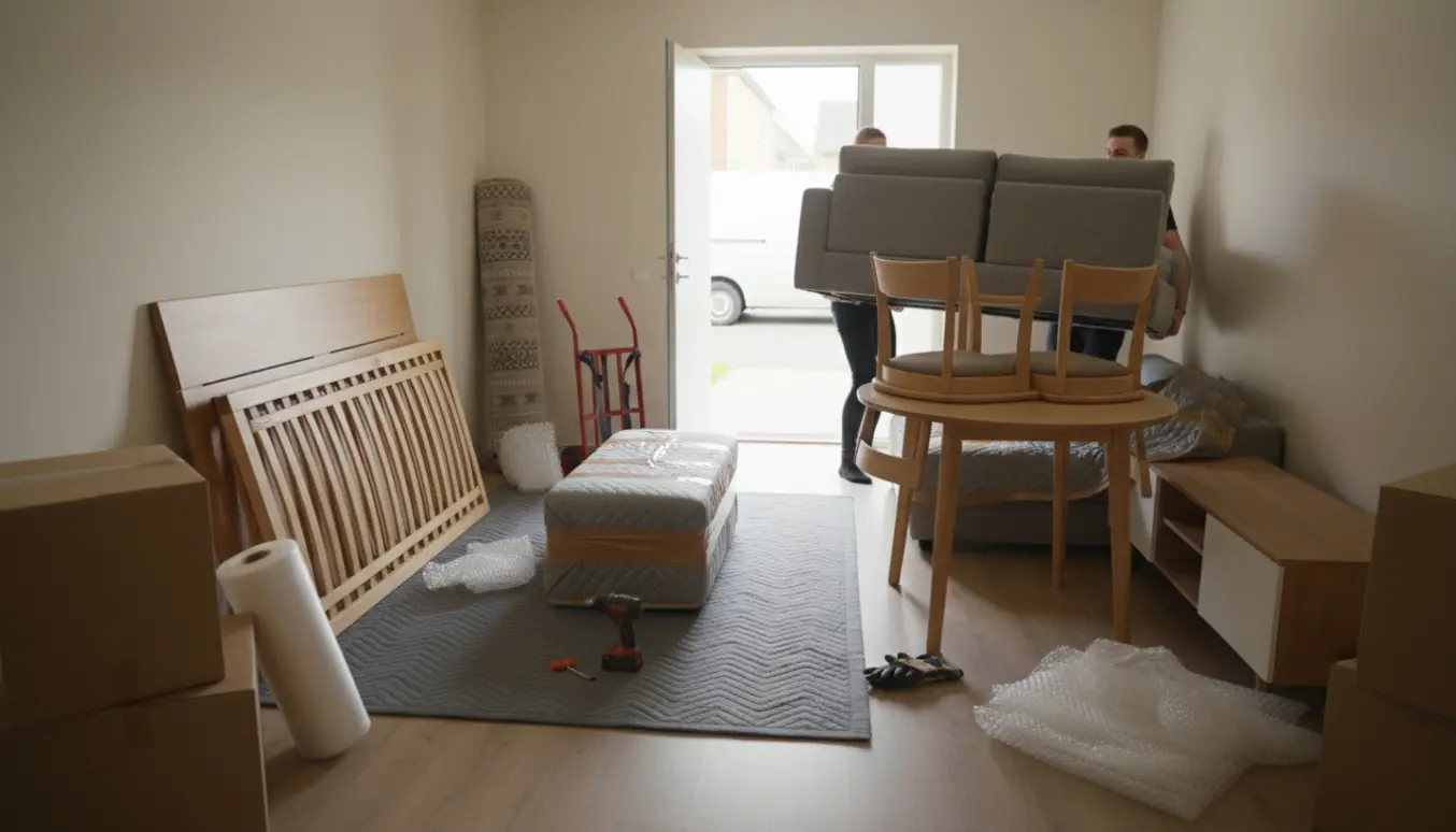 Møbler og flyttekasser i en lys lejlighed klar til flytning.