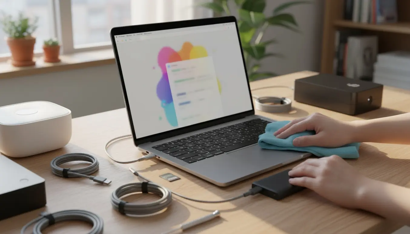 Hænder organiserer en Mac og eksterne drev på et ryddeligt skrivebord med en Time Capsule-lignende backup-enhed.