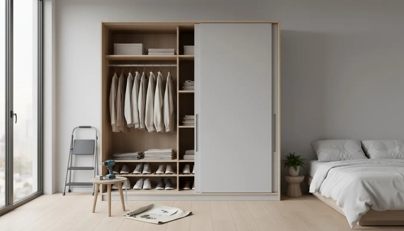 Moderne skab med skydedør i et lyst soveværelse, hvor indholdet og måleværktøj ses tydeligt.