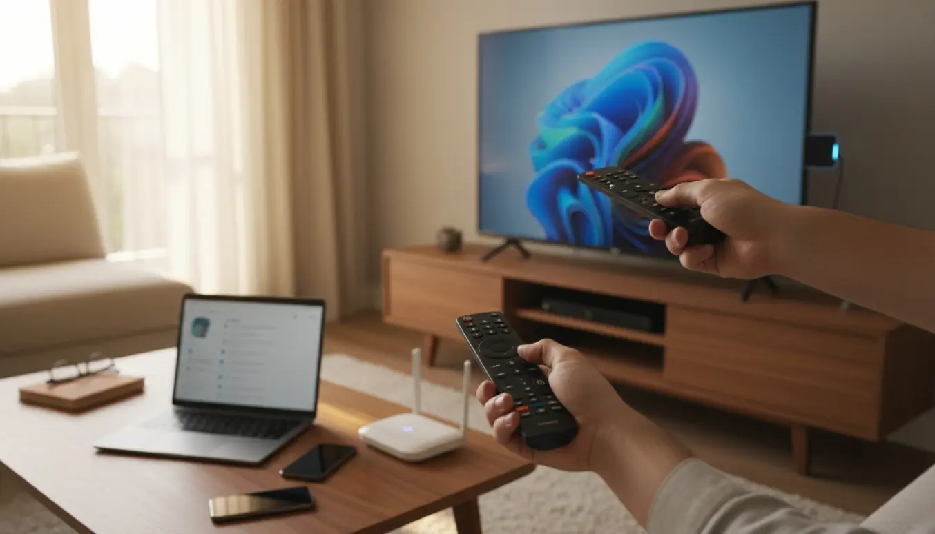 Hænder peger med en fjernbetjening mod et fjernsyn med en streaming-dongle, mens bærbar og smartphone viser slørede indstillingsskærme.