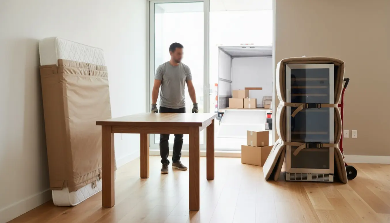 En flyttemand læsser en dobbeltseng, et spisebord og et vinkøleskab ind i en varevogn.