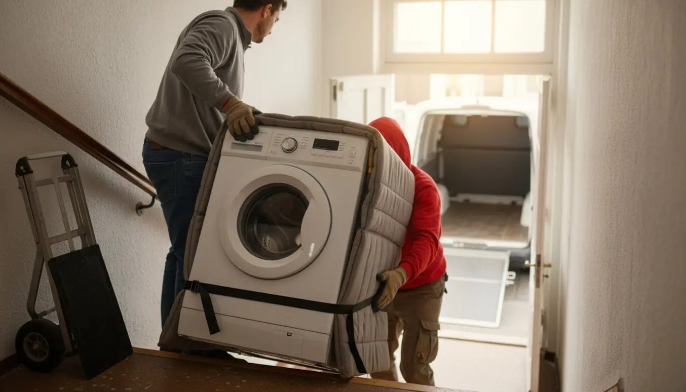 To personer bærer en vaskemaskine ned ad en trappe mod en åben varebil klar til afhentning.