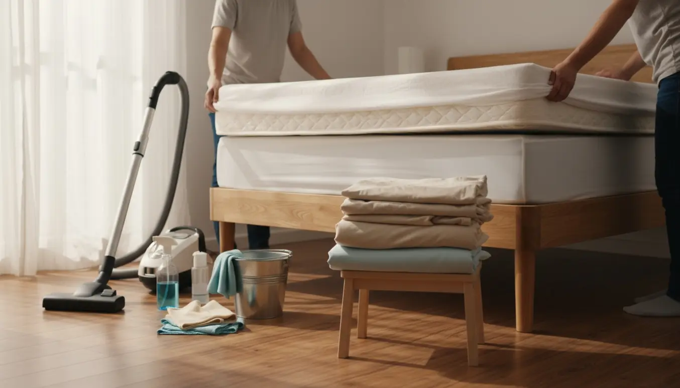 To personer sætter en madras tilbage på en seng i et solbeskinnet soveværelse med rengøringsudstyr i nærheden.