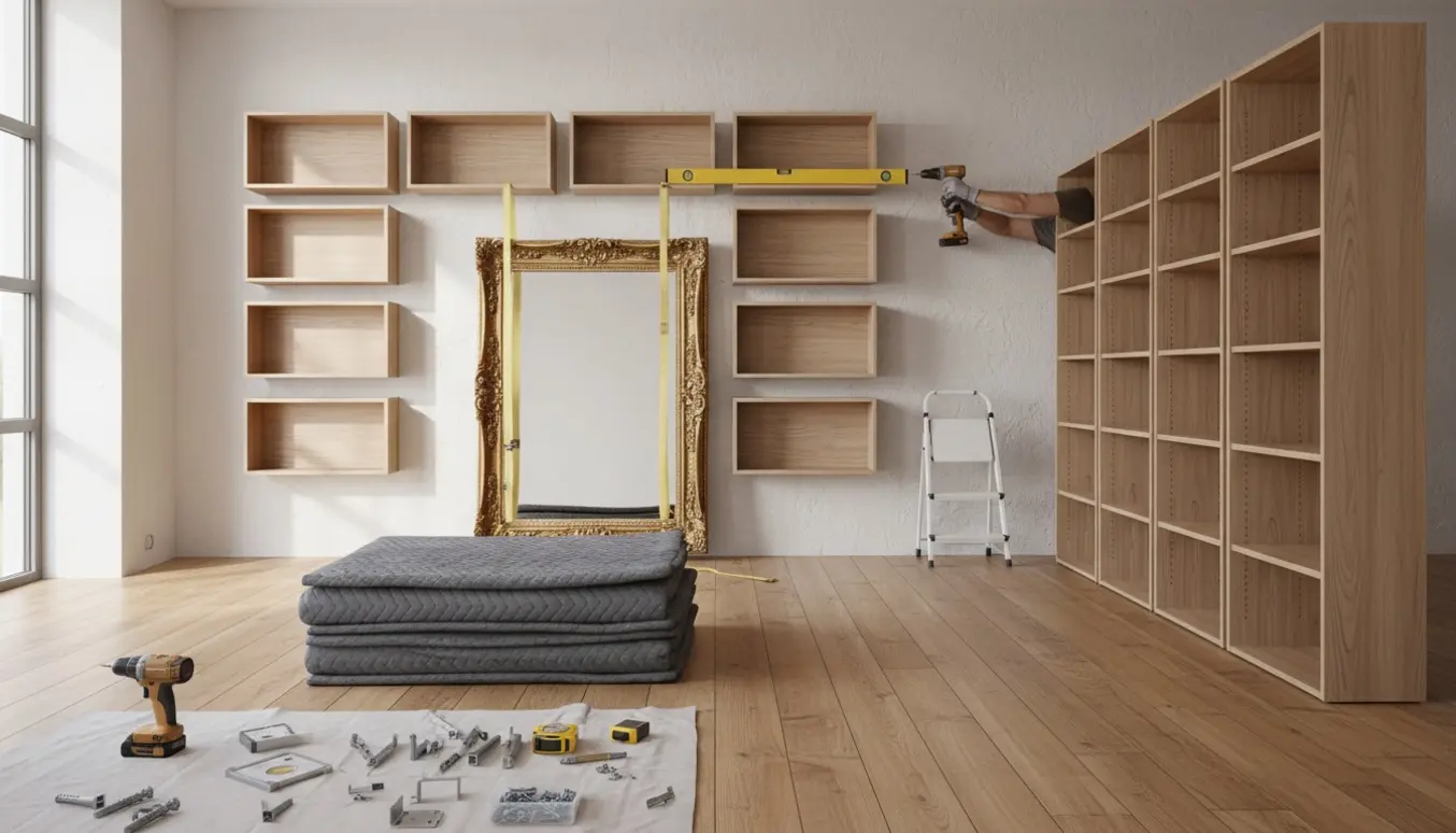 Montana-reoler monteres på en væg, mens et meget tungt antikt spejl er klar til ophængning.