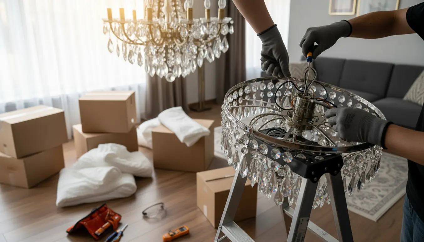 To lysekroner afmonteres fra loftet før flytning, kun hænder og værktøj er synlige.