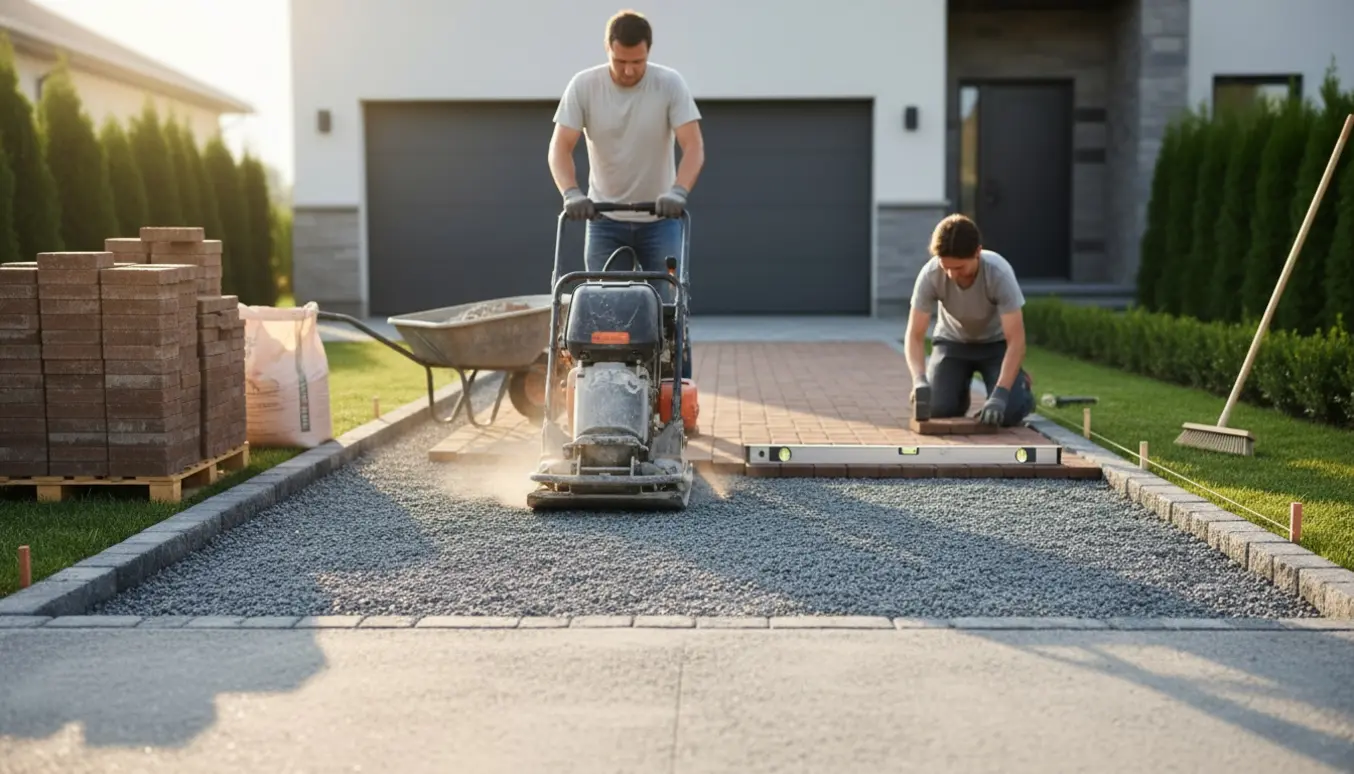 Et par anlægger en ny indkørsel med grus, kantsten og fliser foran deres garage.