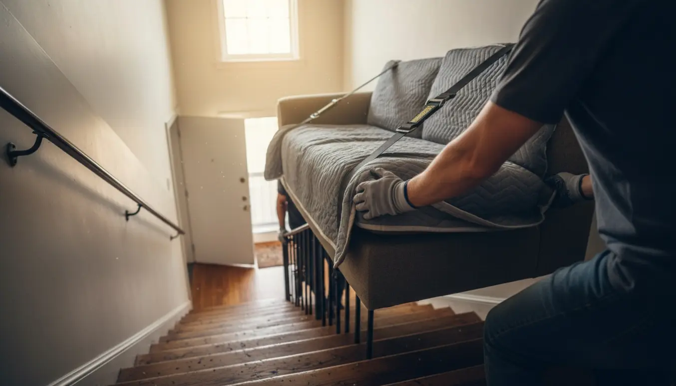 To personer bærer en sovesofa op ad en lang trappe i en opgang med flyttestropper og beskyttelsesbetræk.